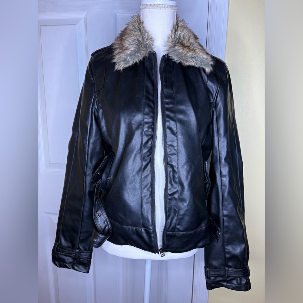 Last Kiss Black Leather Jacket with Faux Fur Trim